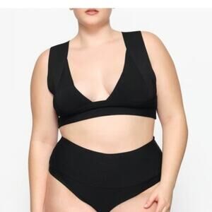 Skims Knit Swim Plunge Neck Bikini Top Swimwear Beach Resort Onyx Black Sz S